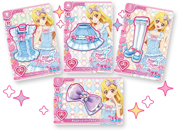 アイカツ！アンコールのカード画像。トップスカード、ボトムスカード、シューズカード、アクセサリーカード。